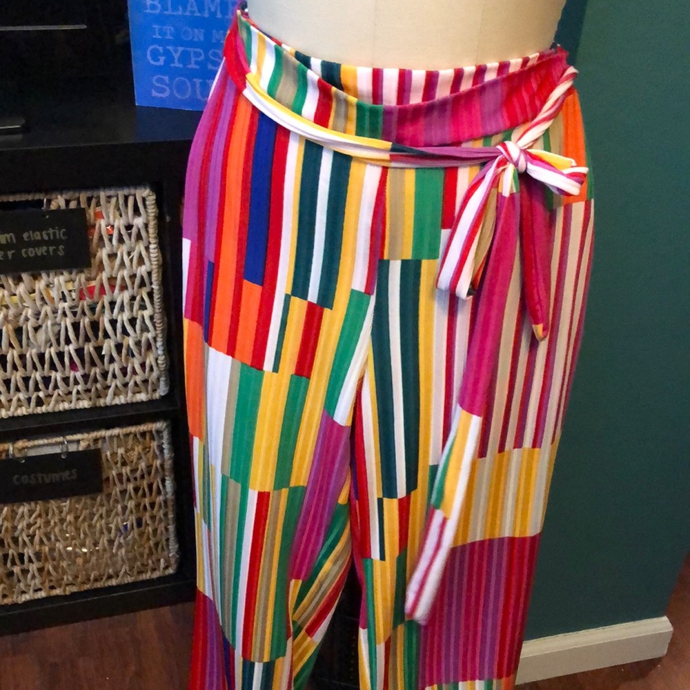Striped Bold Colored Stretchy Fluid pants. Bright colored Jersey Wide Leg pants